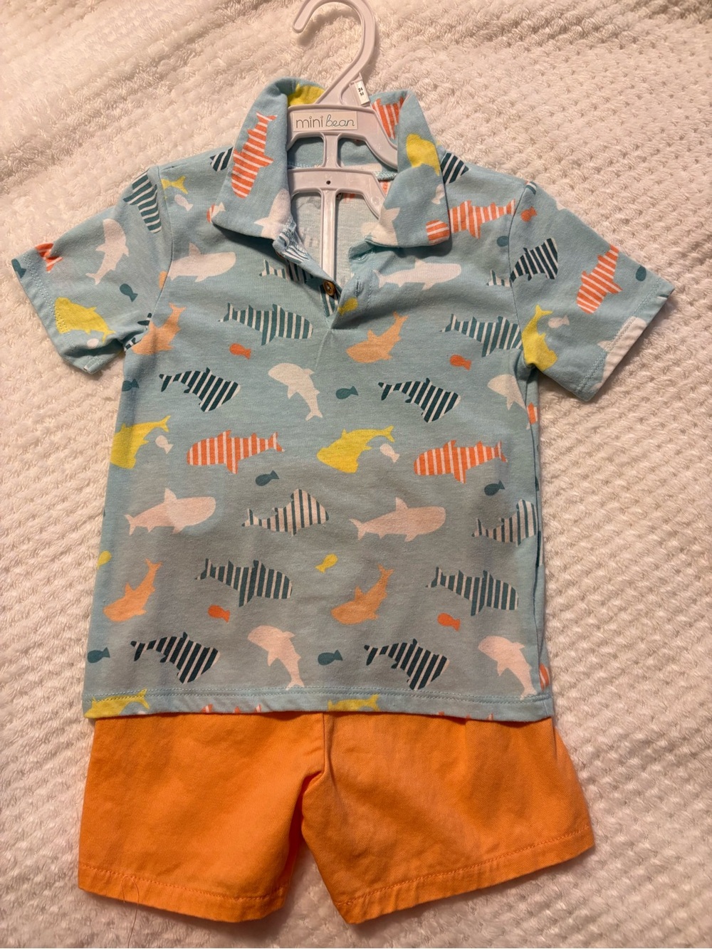 Mini Bocon Light Blue Shark-Print Set with Orange Shorts